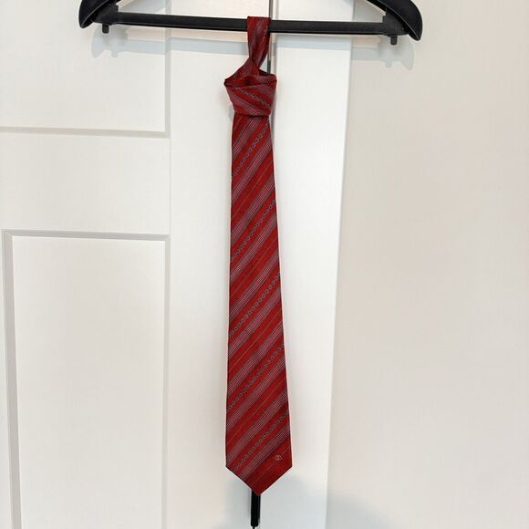 GUCCU Silk Linen Red Blue Stripe Horsebit Men's Tie Necktie Vintage GG Logo - Picture 2 of 6